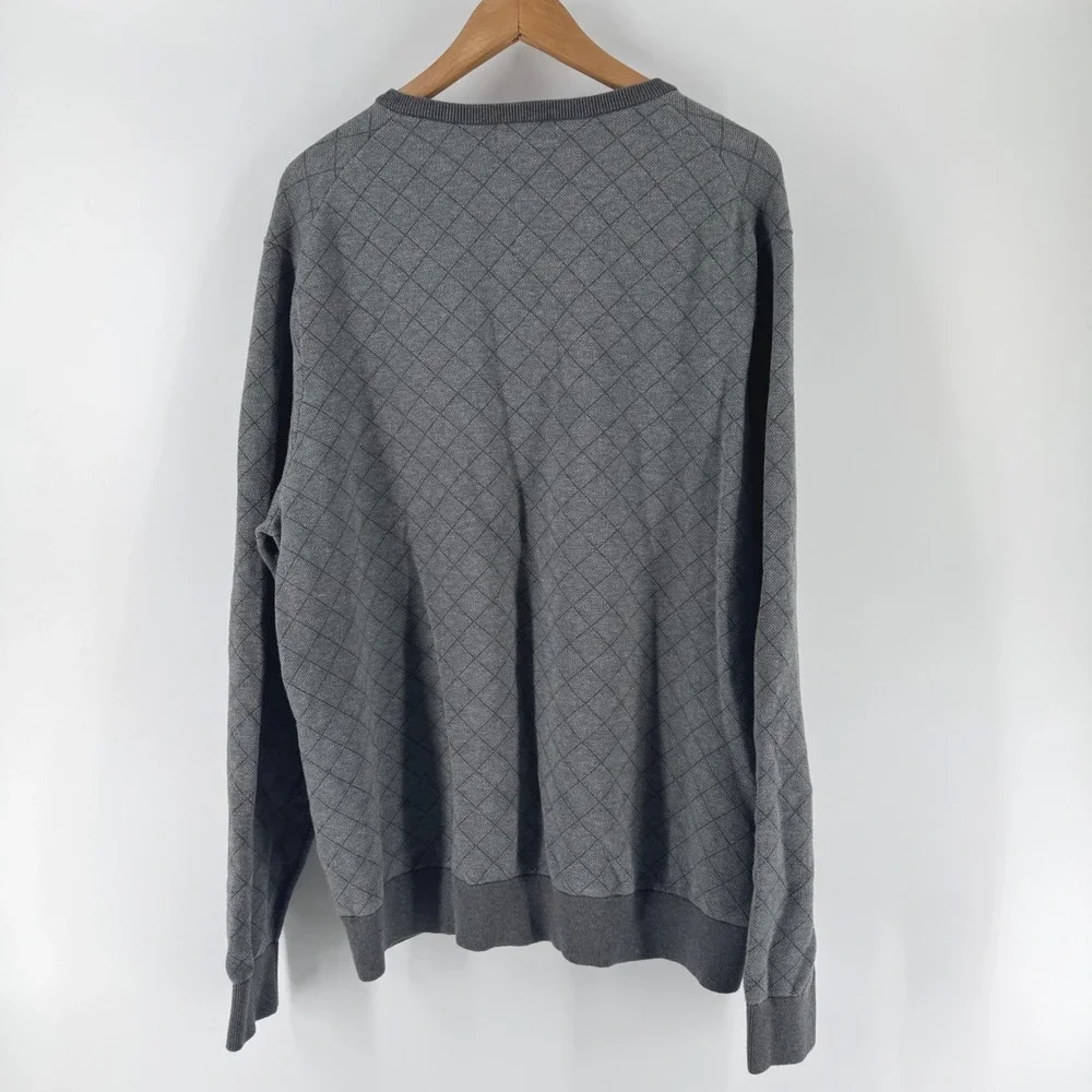 Lands End Mens XXL V Neck Sweater‎ Grey Diamond Knit Supima Cotton Long Sleeve